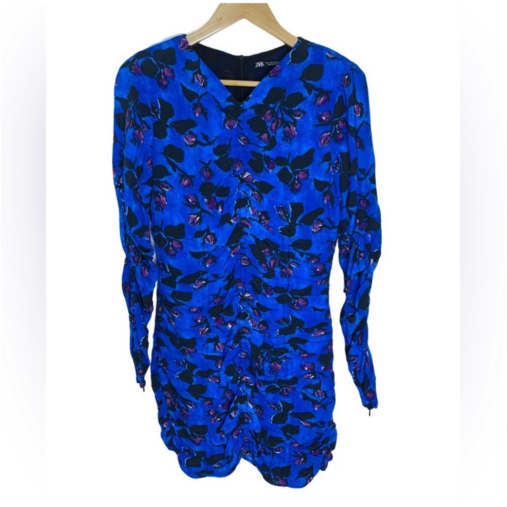 Zara Mini Dress Ruched Blue Black Floral Print SMall Long Sleeve NEW with FLAW